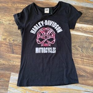 Harley Davidson Womens Black Silver Pink Rhinestone Skull T-shirt Size Large